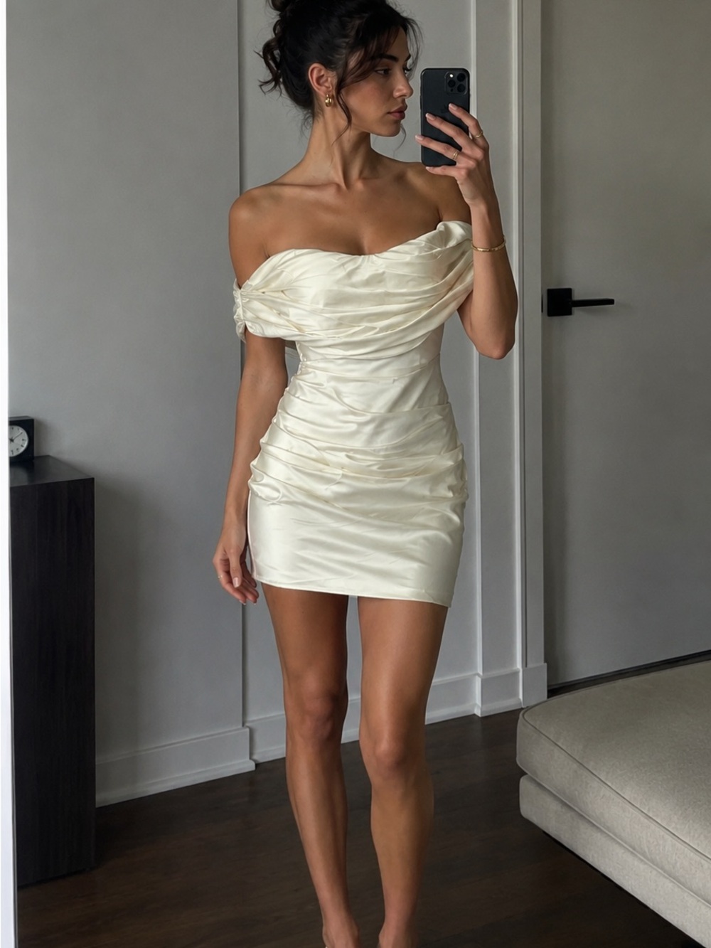 LPA Cream One-Shoulder Draped Satin Dress